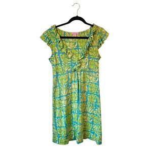 Lily Pulitzer Women's Blue And Neon Green Ruffle Floral Dress Size S